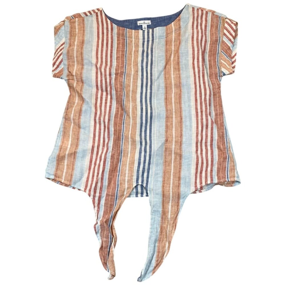 L.L. Bean Women's 100% Linen Short Sleeve Tie-Hem Top Small Striped